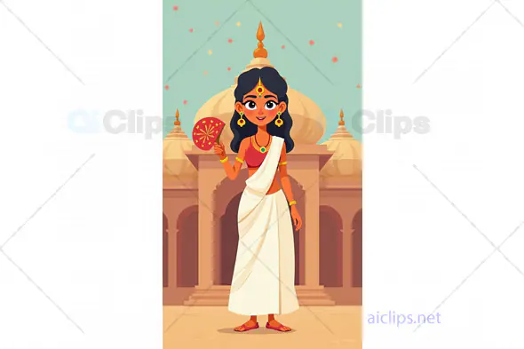 Cartoon Woman in Traditional White Saree with Fan in Temple Background