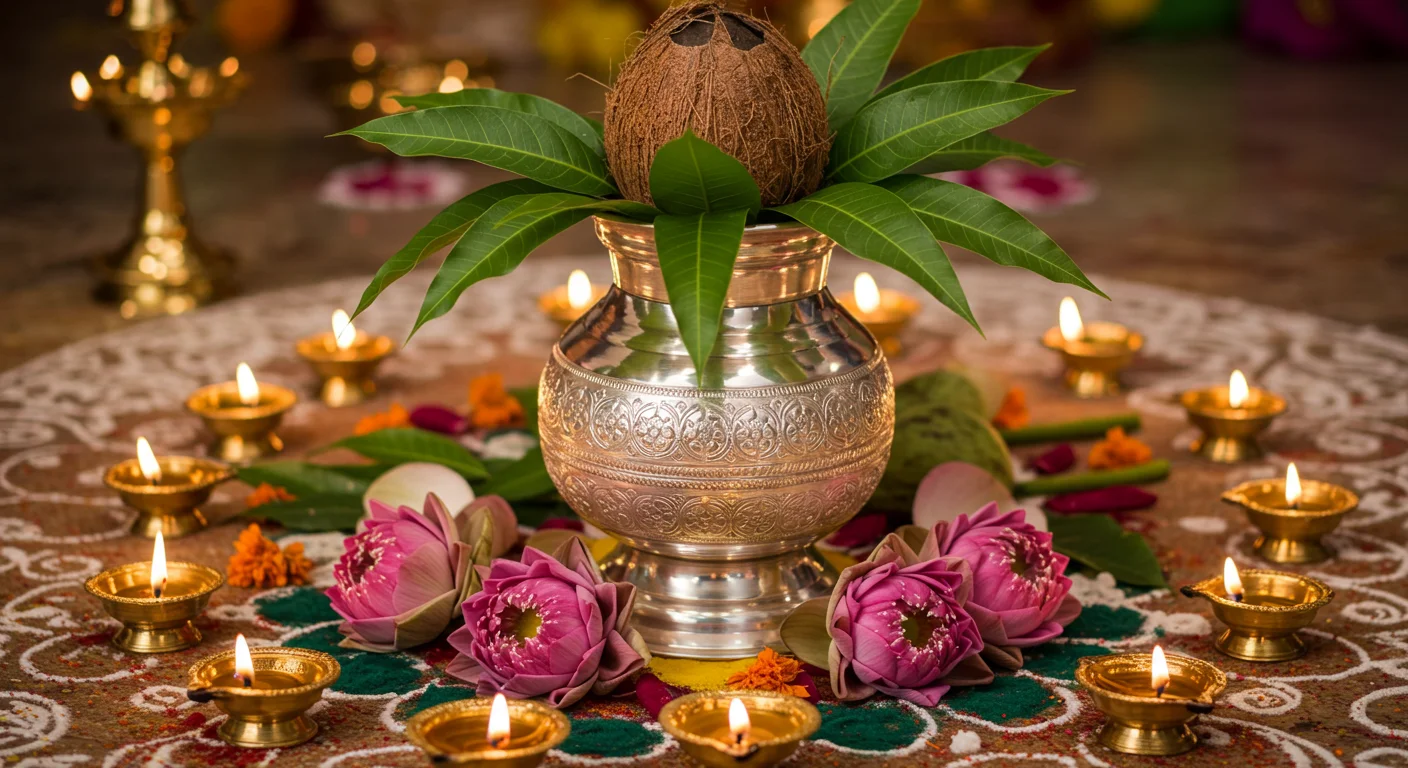 Kalash with Coconut, Mango Leaves & Brass Diyas | AIClips Traditional Puja Visual