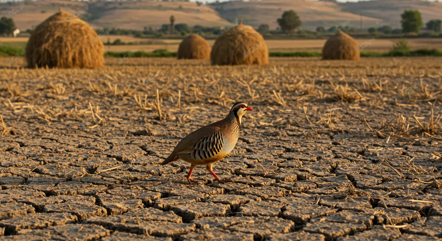 Red-Legged Partridge in Drought-Stricken Field