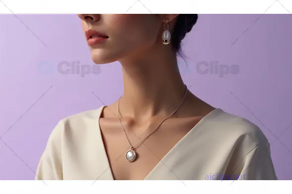 Close-up of Elegant Woman Wearing Pearl Pendant Necklace and Earrings