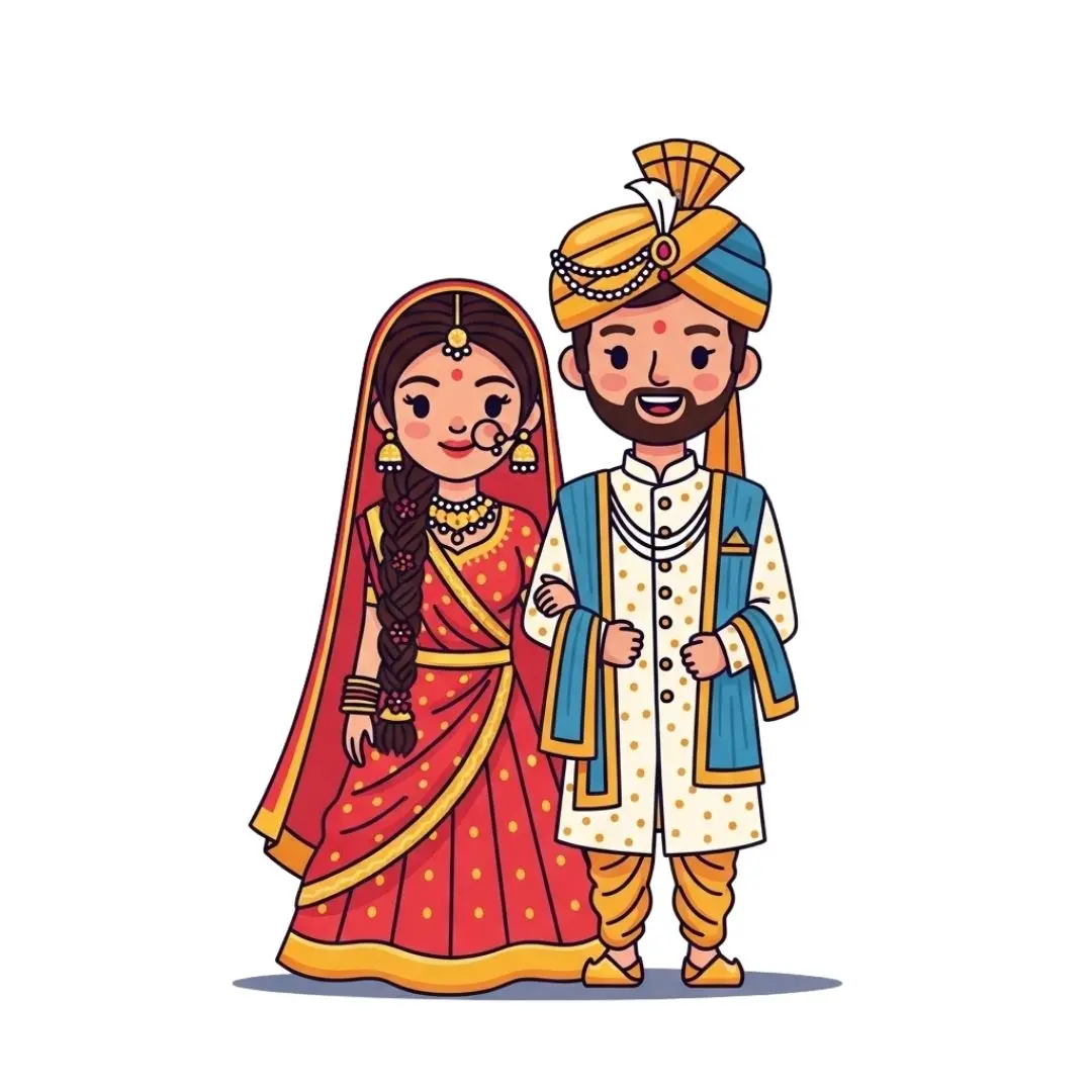 Indian Wedding Couple Traditional Attire Cartoon Clipart PNG