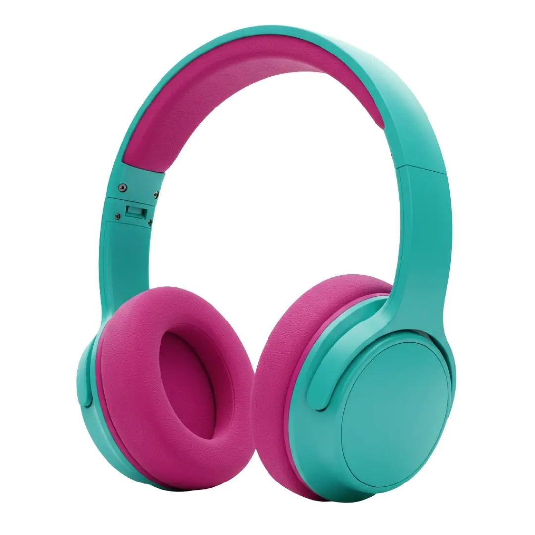 Turquoise and pink wireless headphones with cushioned earcups