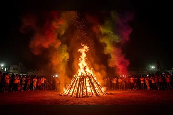 Vibrant Holika Dahan Bonfire Celebration with Colorful Smoke | AIClips Indian Festival Night