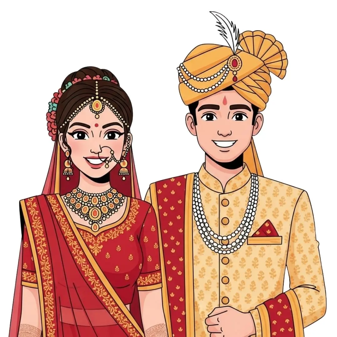 Smiling Indian Wedding Couple in Festive Attire Clipart PNG