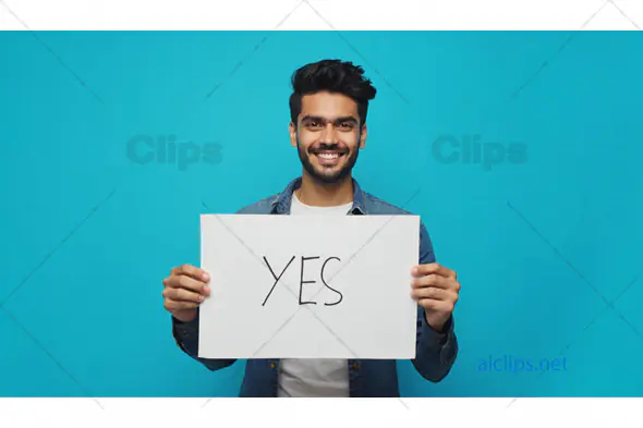 Man Holding "YES" Sign on Blue Background