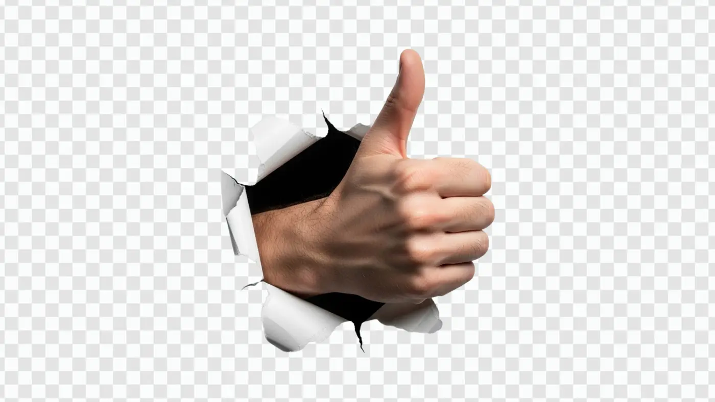 Positive Thumbs Up Hand Bursting Through Paper PNG