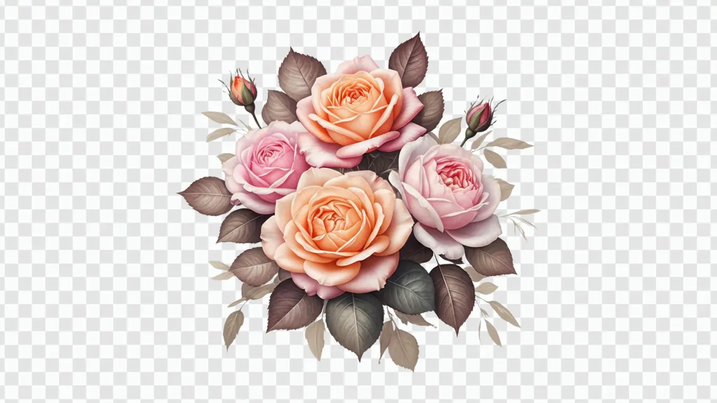 Elegant Peach and Pink Roses Bouquet PNG