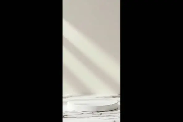 Minimal White Marble Pedestal with Sunlight Shadows – Vertical Background