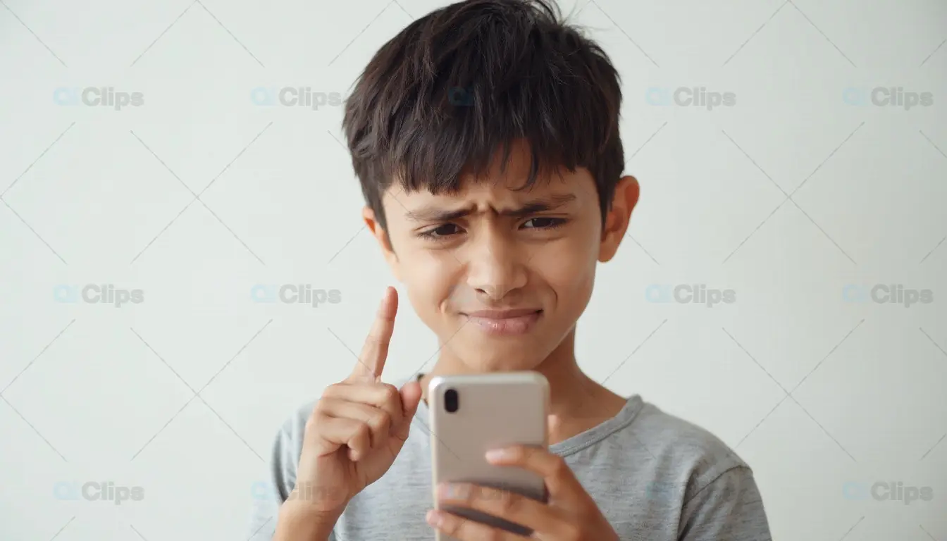Confused Boy Looking at Smartphone