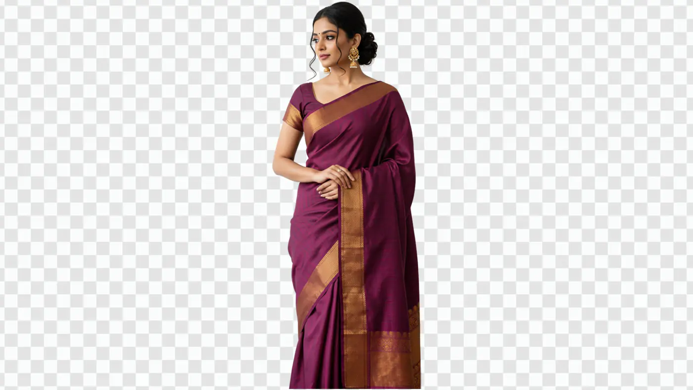Graceful Woman in Purple Silk Saree PNG