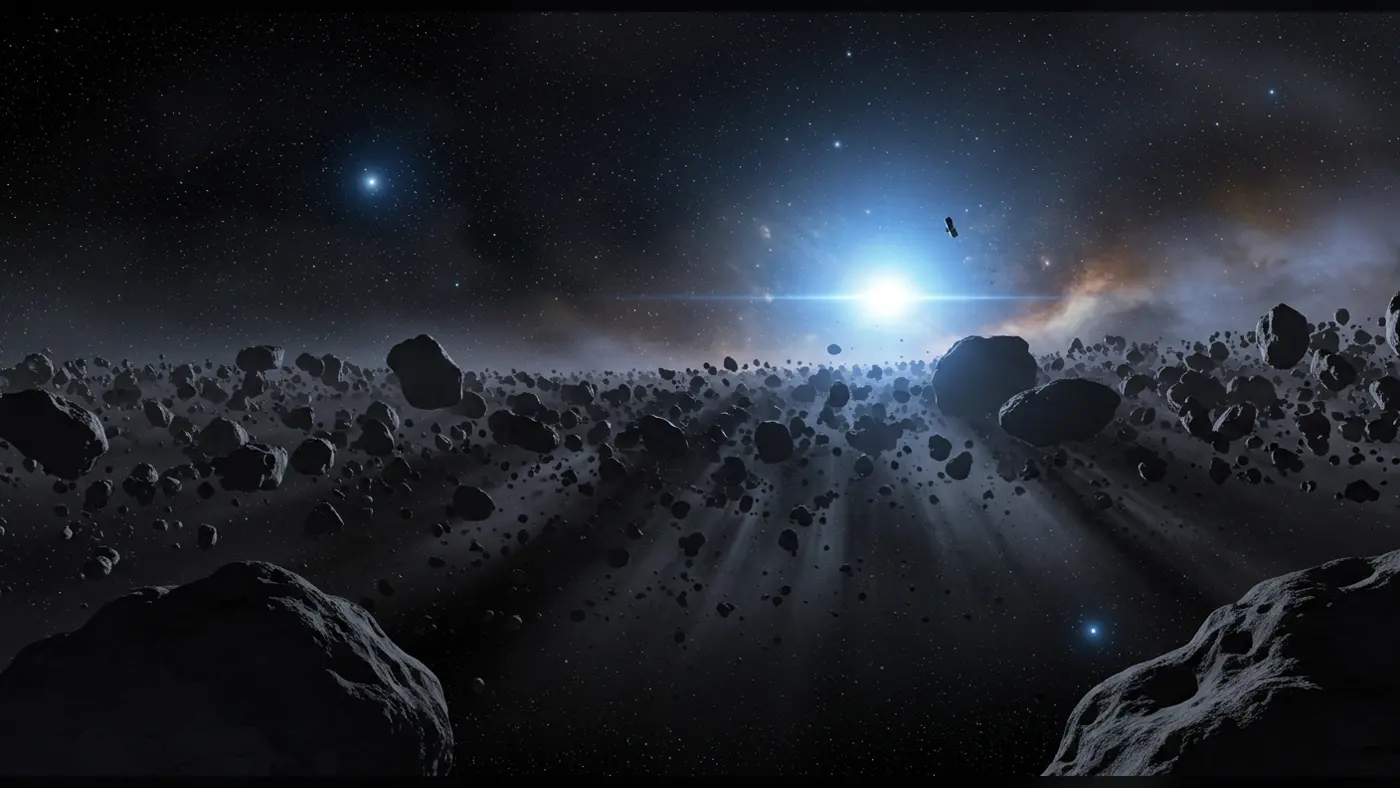 Asteroid Belt in Deep Space with Distant Star – Cinematic Sci-Fi Backdrop