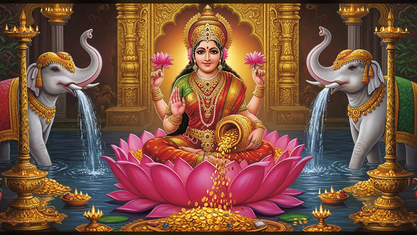 Goddess Lakshmi-Inspired Divine Art – Lotus, Gold Coins & Elephants | AIClips Devotional Thumbnail