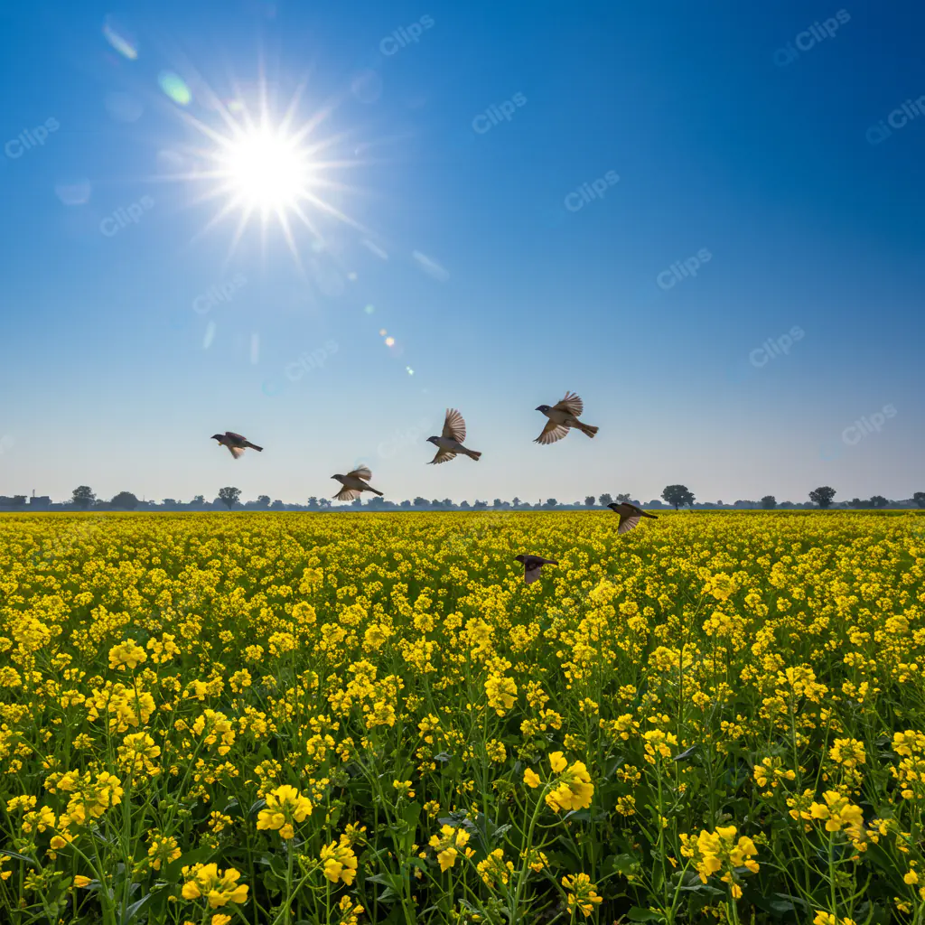 Birds Soaring Over Mustard Field