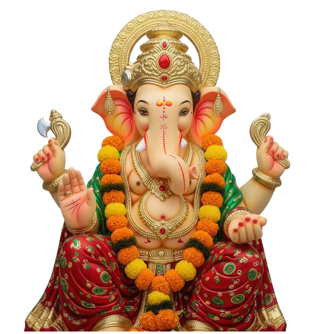 Ornate Ganesha Deity with Marigold Garland PNG