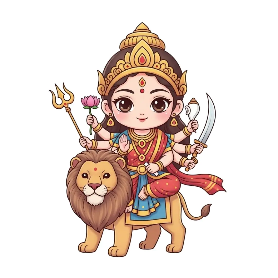 Adorable Cartoon Durga Riding Lion Hindu Deity