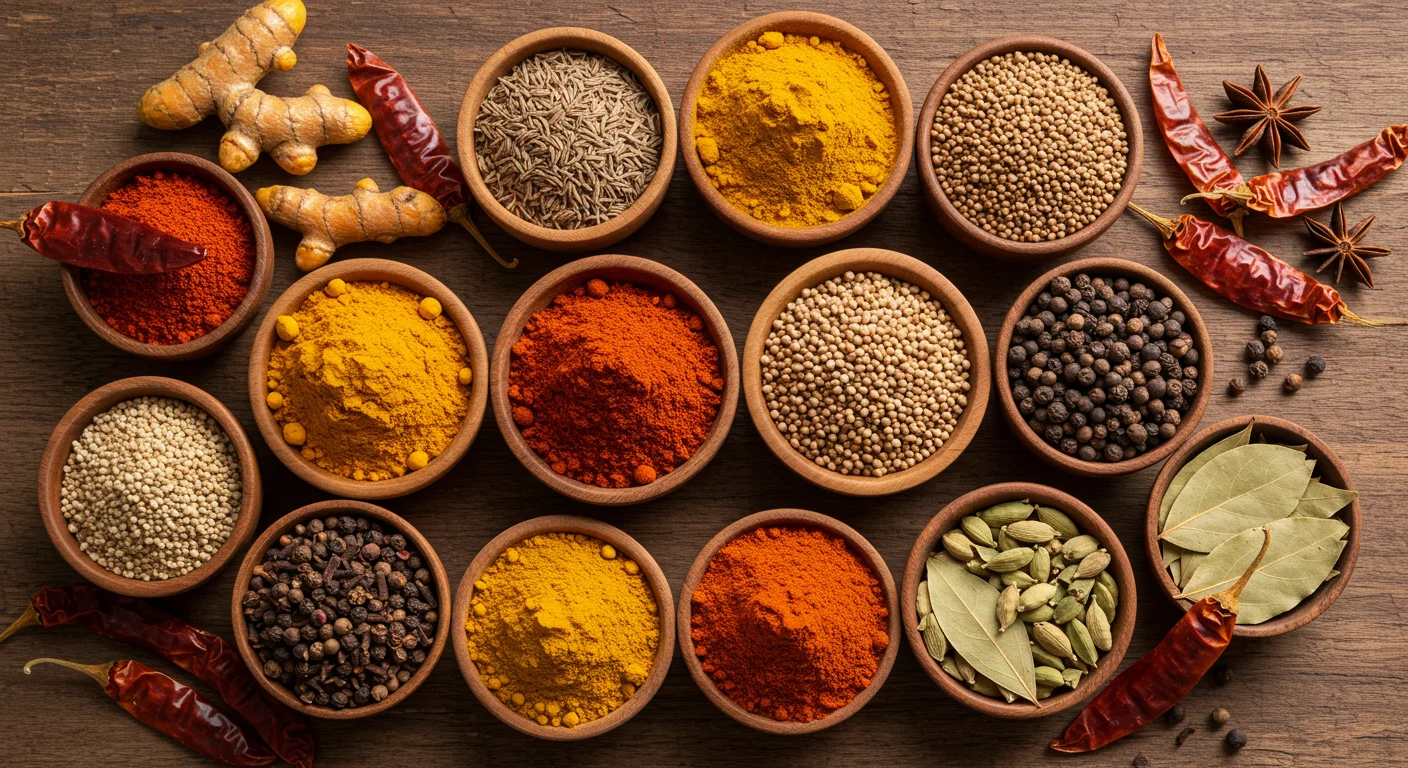 Top View of Assorted Indian Masala Spices in Wooden Bowls | Herbal & Culinary Collection | AIClips