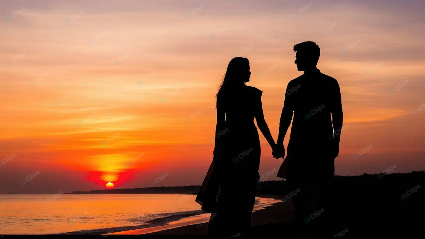 Romantic Silhouette of a Couple on a Sunset Beach