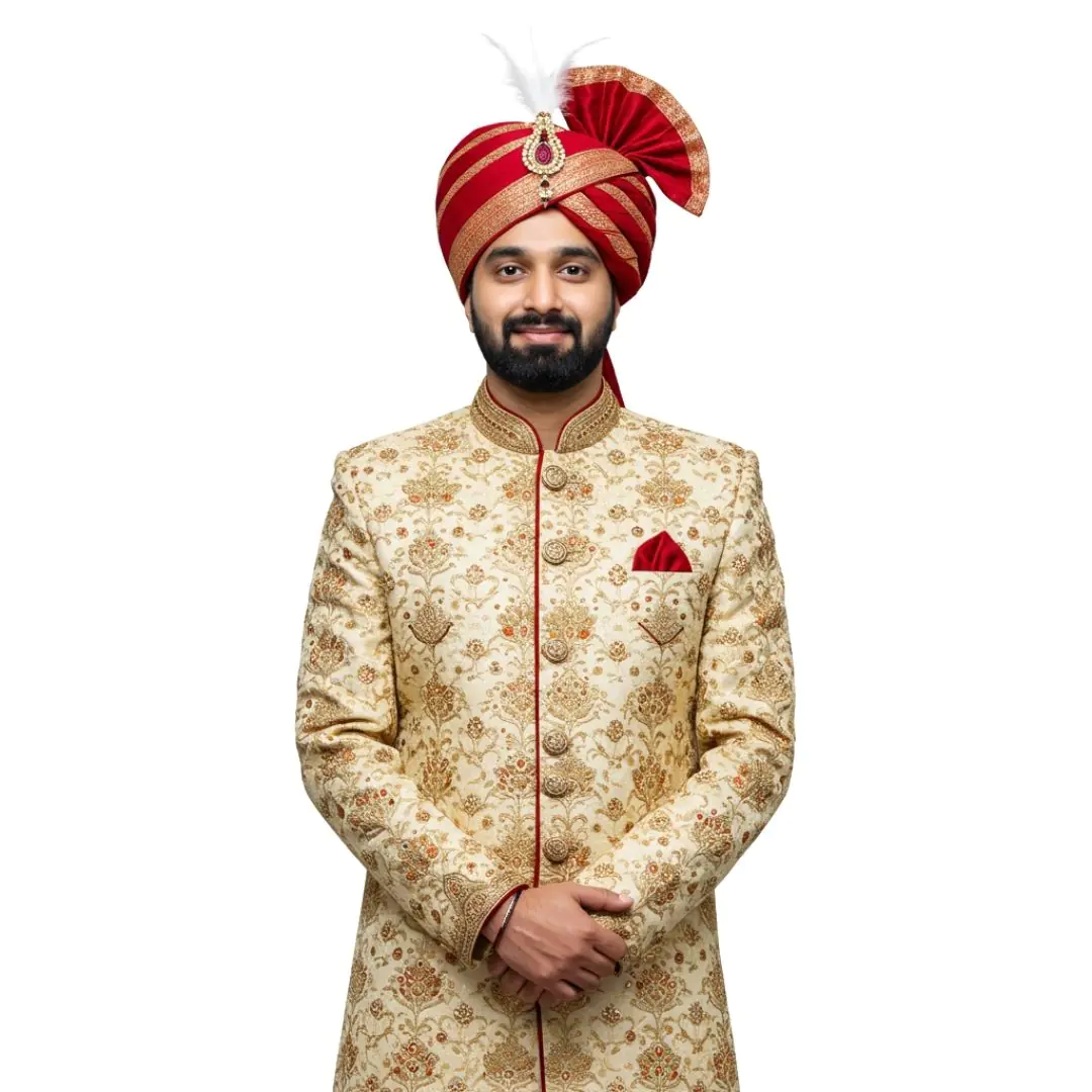 Regal Indian Groom in Golden Sherwani PNG Clipart