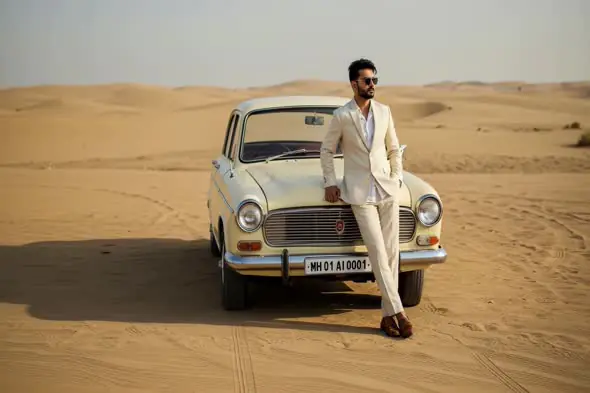 Desert man with vintage car