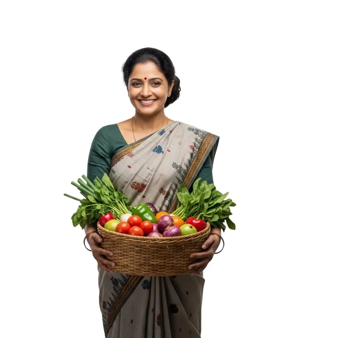 Indian Woman Holding Fresh Vegetables Basket PNG Clipart