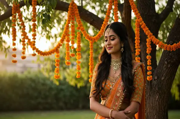 Elegant Indian Woman in Marigold Garland Decor Wedding Celebration