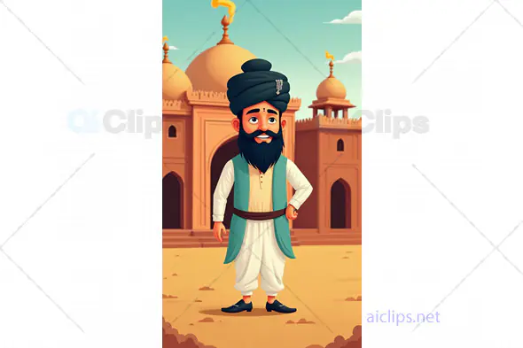 Cartoon Man in Traditional Attire with Mosque Background