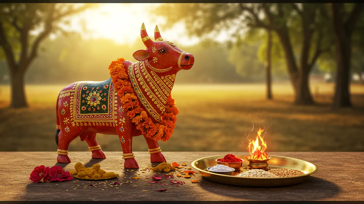 Red Decorated Bull Idol with Fire Pooja Thali in Morning Village Backdrop | AIClips Festive Rituals