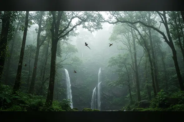 Misty Rainforest with Twin Waterfalls and Birds in Flight