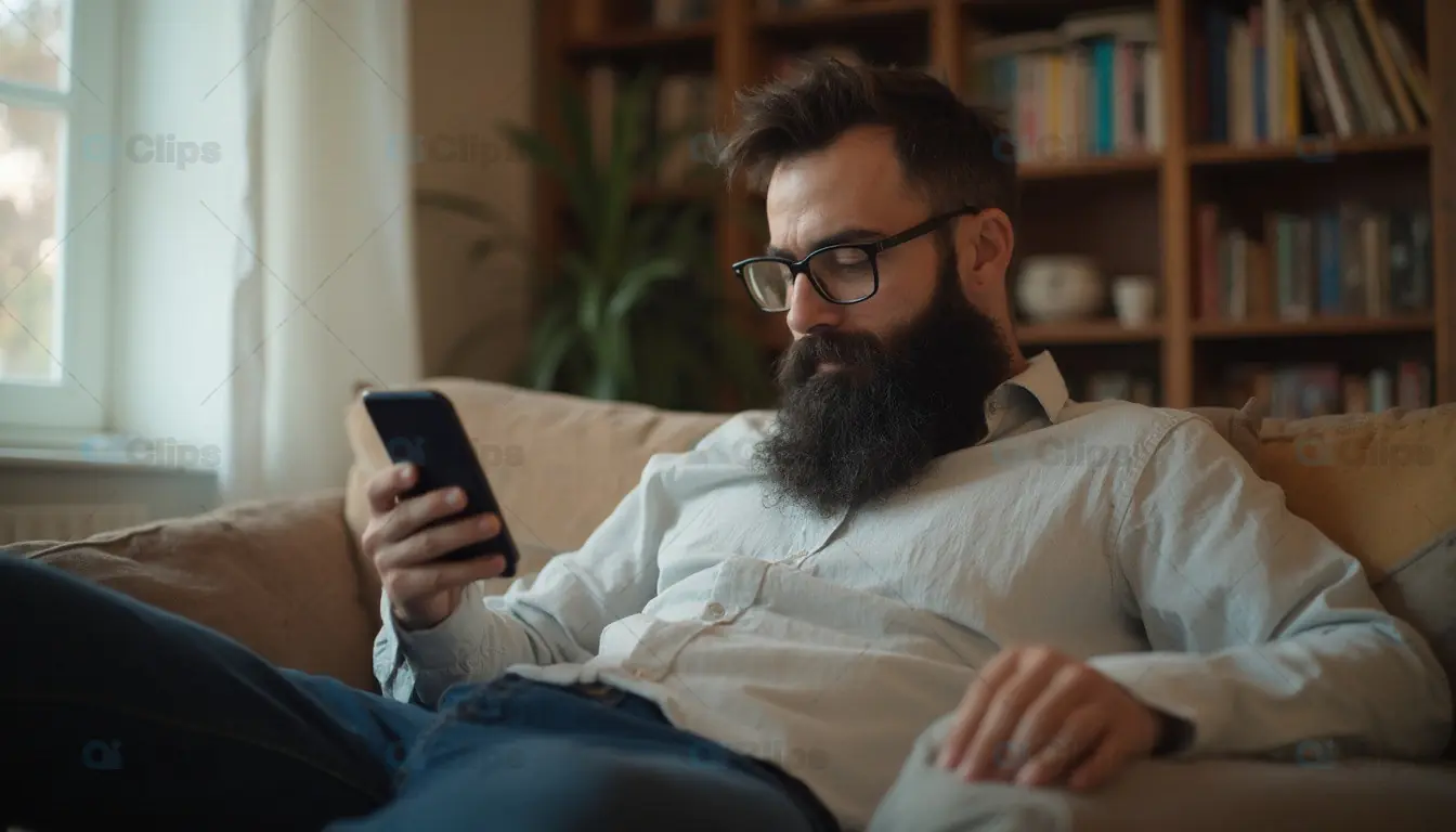 Man Relaxing on Couch with Smartphone