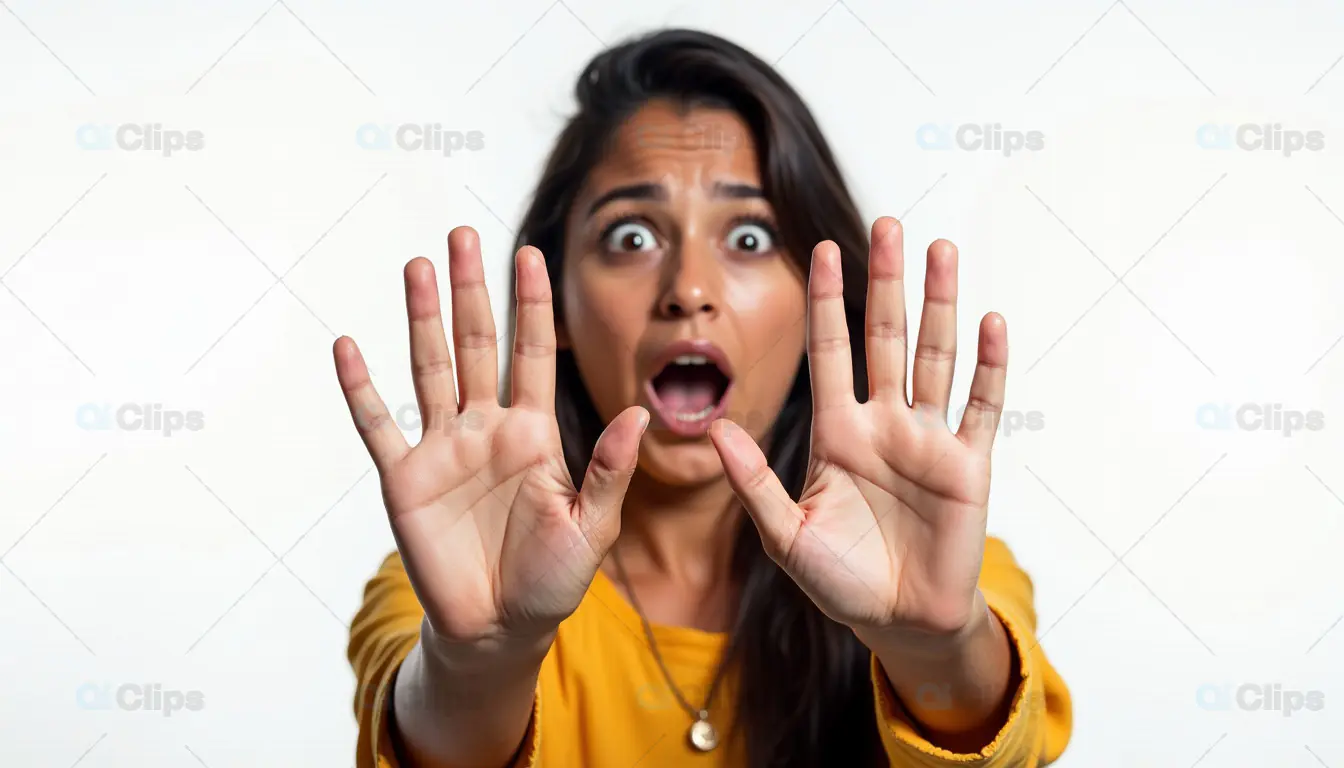 Woman with Hands Raised in Fear