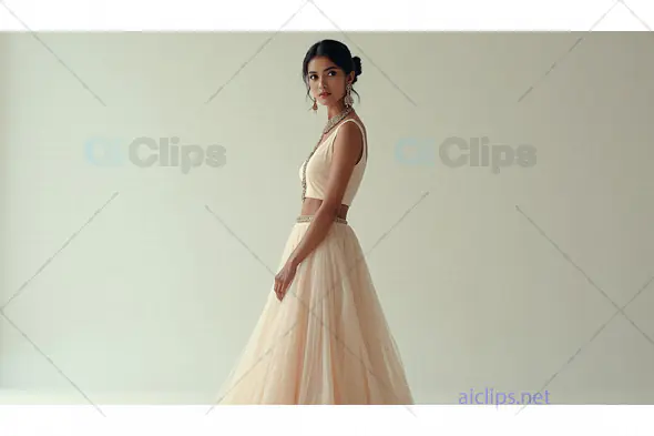 Elegant Indian Woman in Traditional Beige Lehenga – Fashion Portrait