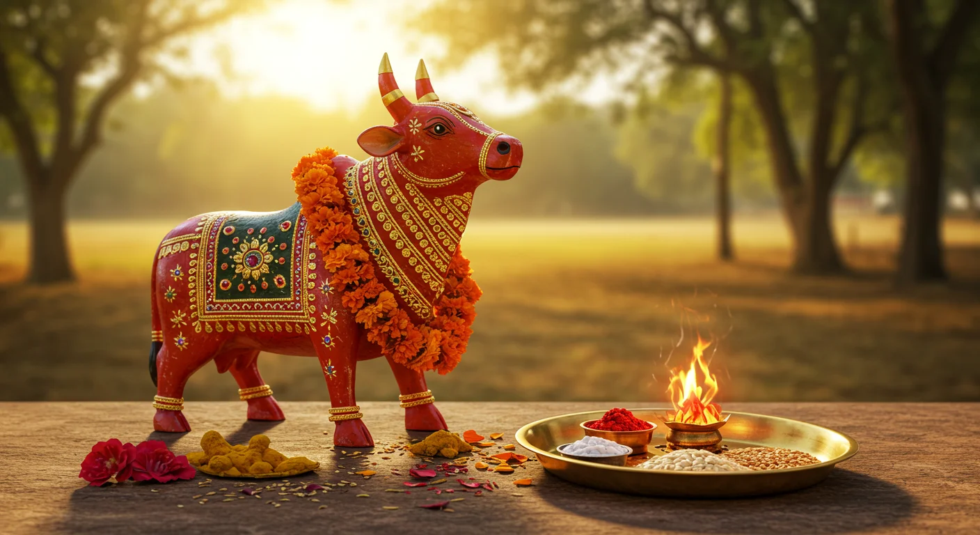 Red Decorated Bull Idol with Fire Pooja Thali in Morning Village Backdrop | AIClips Festive Rituals