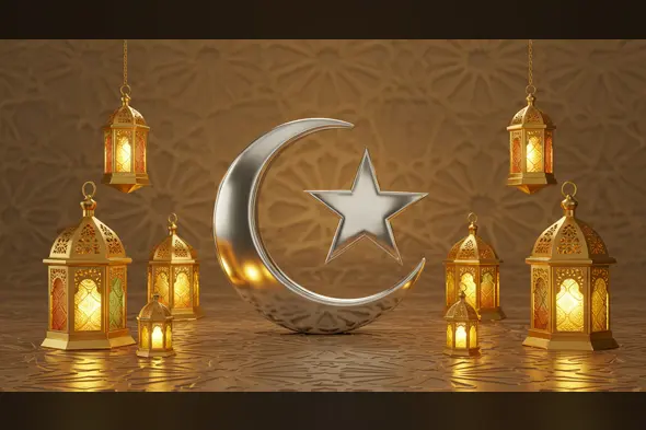 Silver Crescent and Star with Glowing Golden Lanterns | AIClips Islamic Festival Decoration