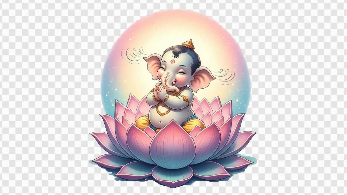 Cheerful Baby Ganesha on Lotus Flower PNG