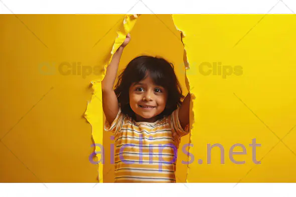 Joyful Girl Peeking Through Yellow Wall