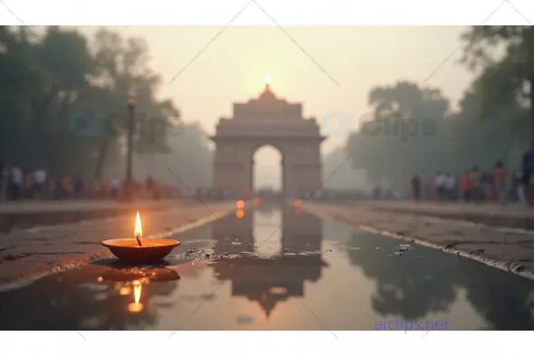 Diya Lamp with India Gate at Sunset