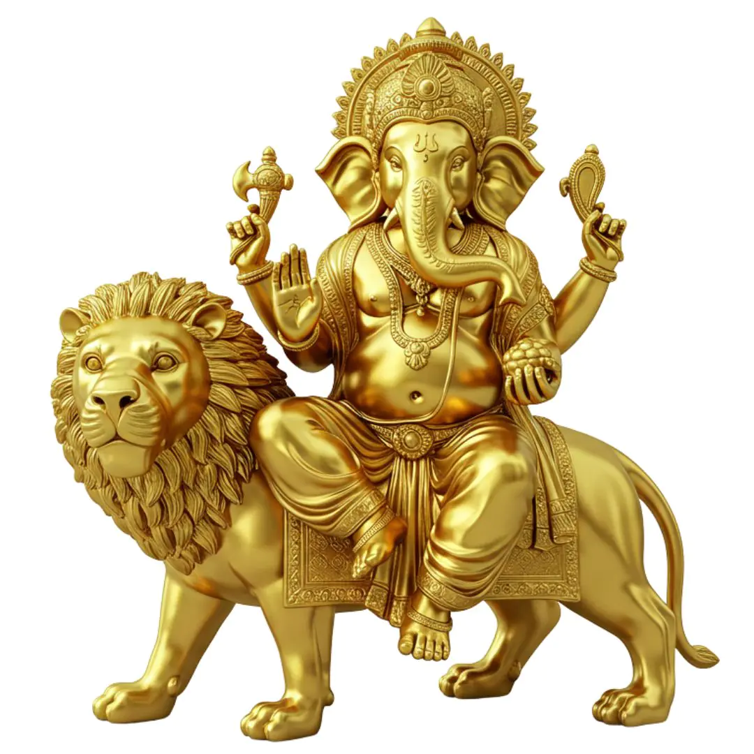 Majestic Golden Ganesha Riding Lion PNG Clipart