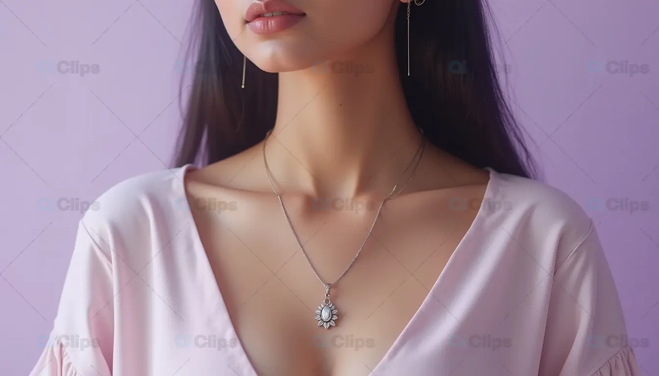 Elegant Close-up of Woman Wearing Silver Pendant Necklace