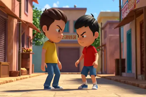Animated Childhood Rivalry in Colorful Alley