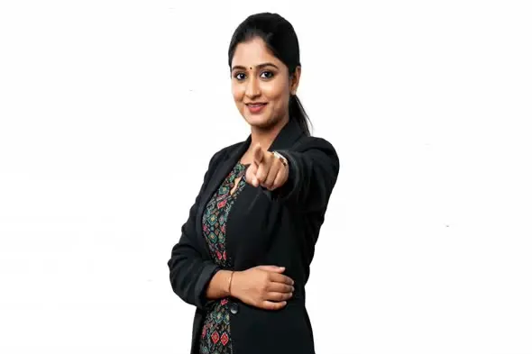 Confident Professional in Black Blazer Pointing Forward