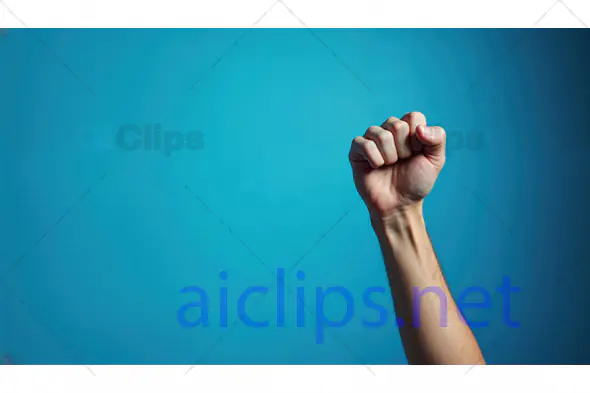 Raised Fist Gesture on Blue Background