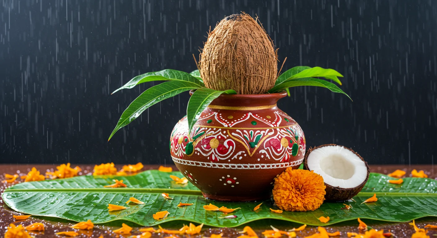 Kalash with Coconut on Banana Leaf in Rain | AIClips Traditional Indian Pooja Background