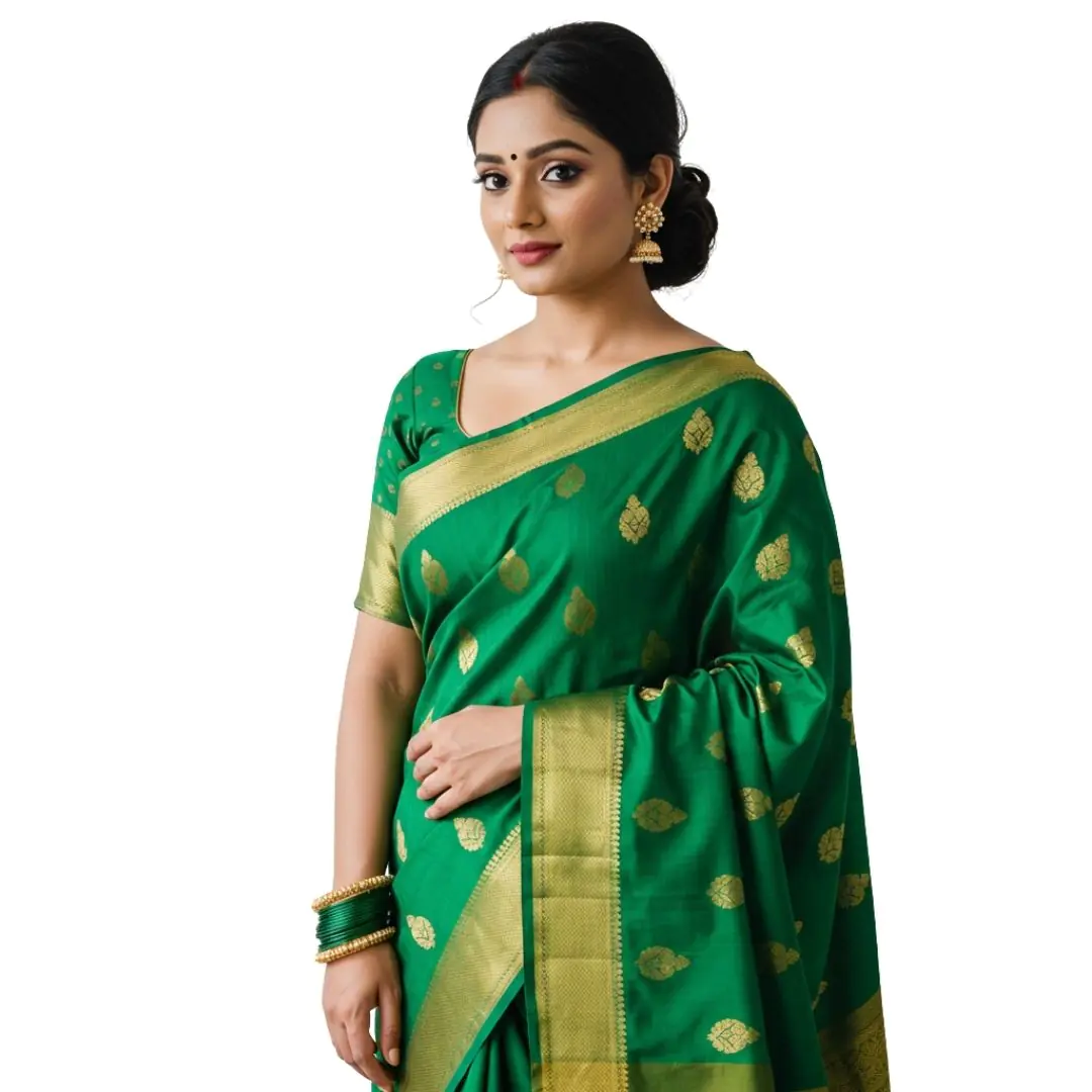 Elegant Green Silk Saree with Gold Motifs PNG