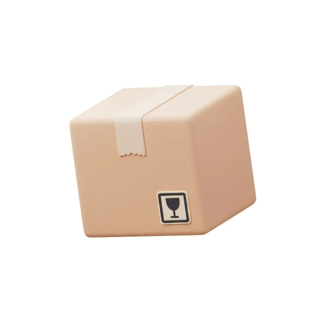 Beige cardboard box with fragile icon on checkered background