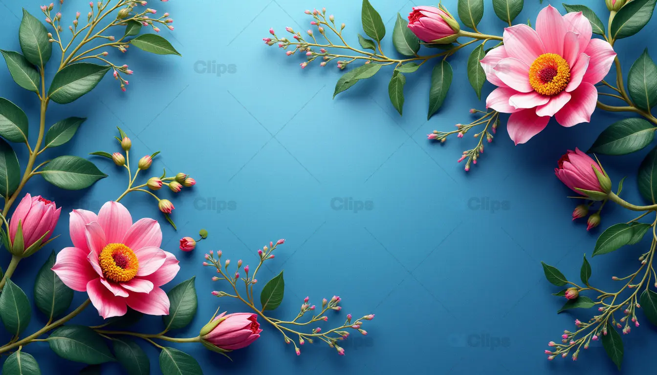 Pink Floral Border on Blue Background