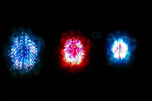 Triple Fireworks Burst in Blue, Red, and Mixed Colors
