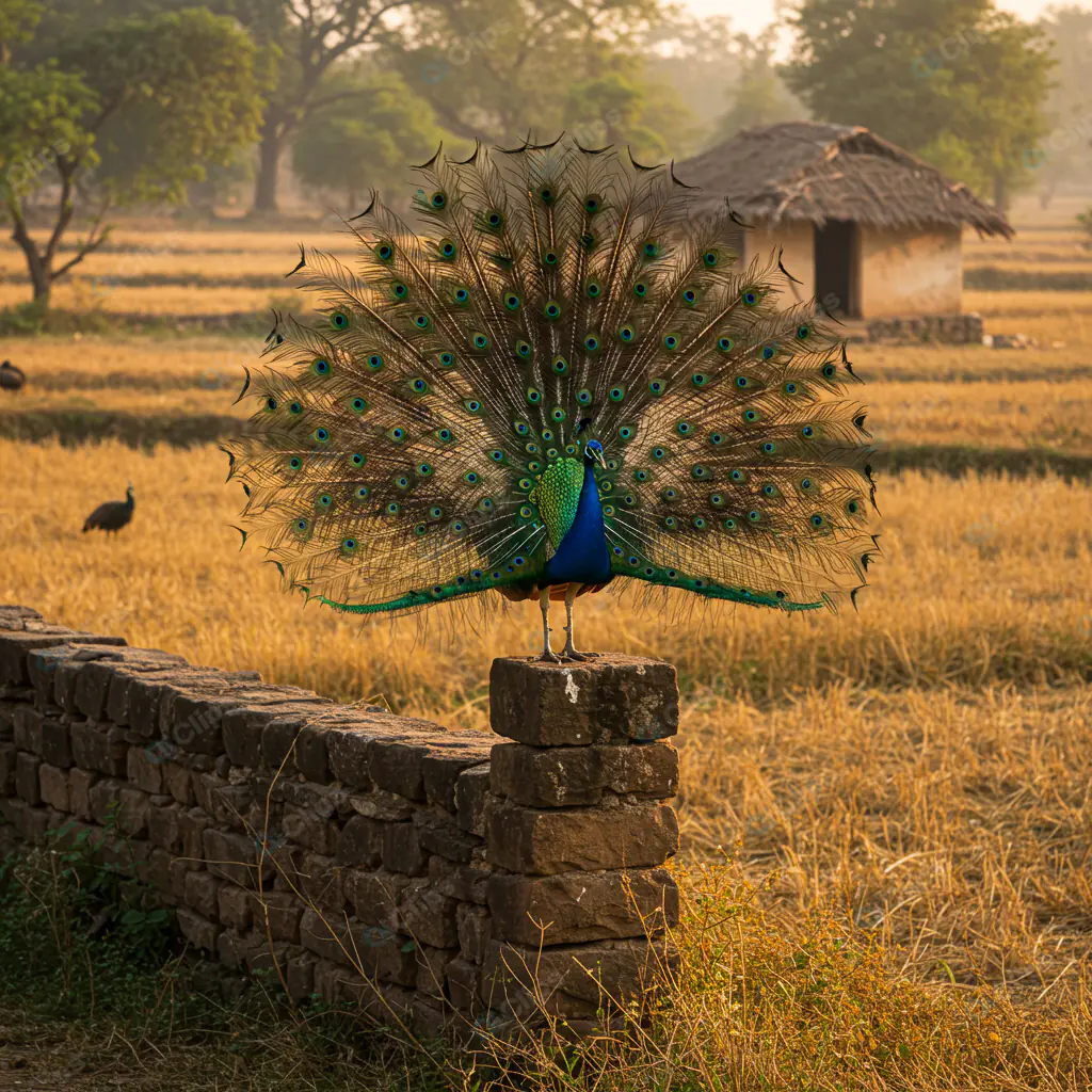 Majestic Peacock in Rural Indian Landscape
