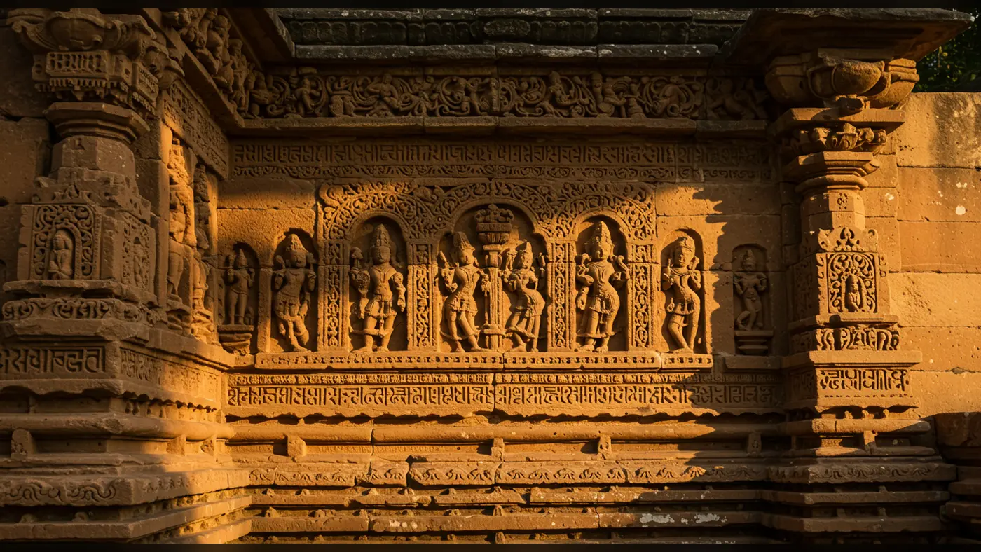 Ancient Temple Wall with Sculptures | Sunlit Indian Heritage Carvings