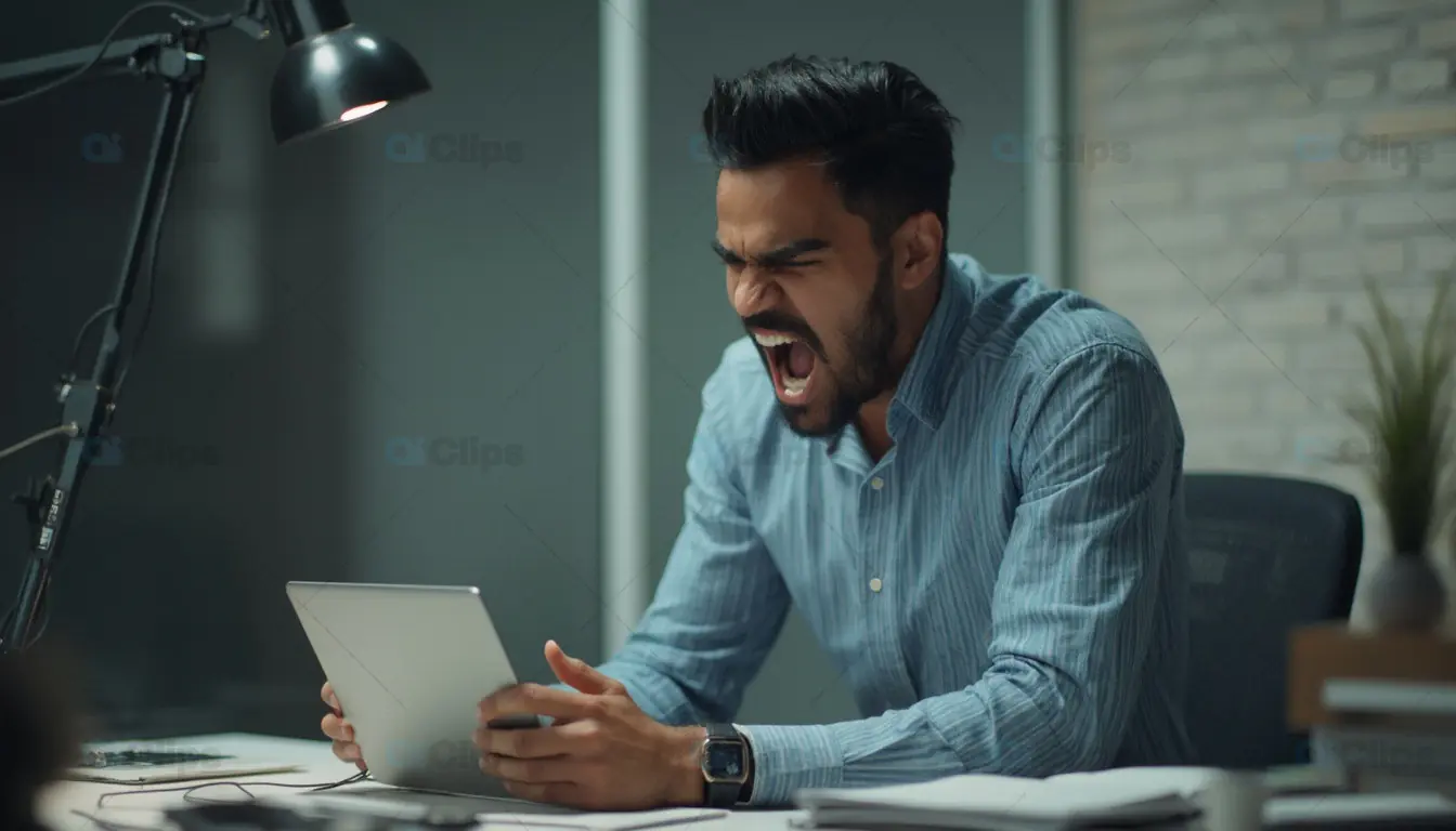 Frustrated Man Yelling at Tablet in Office