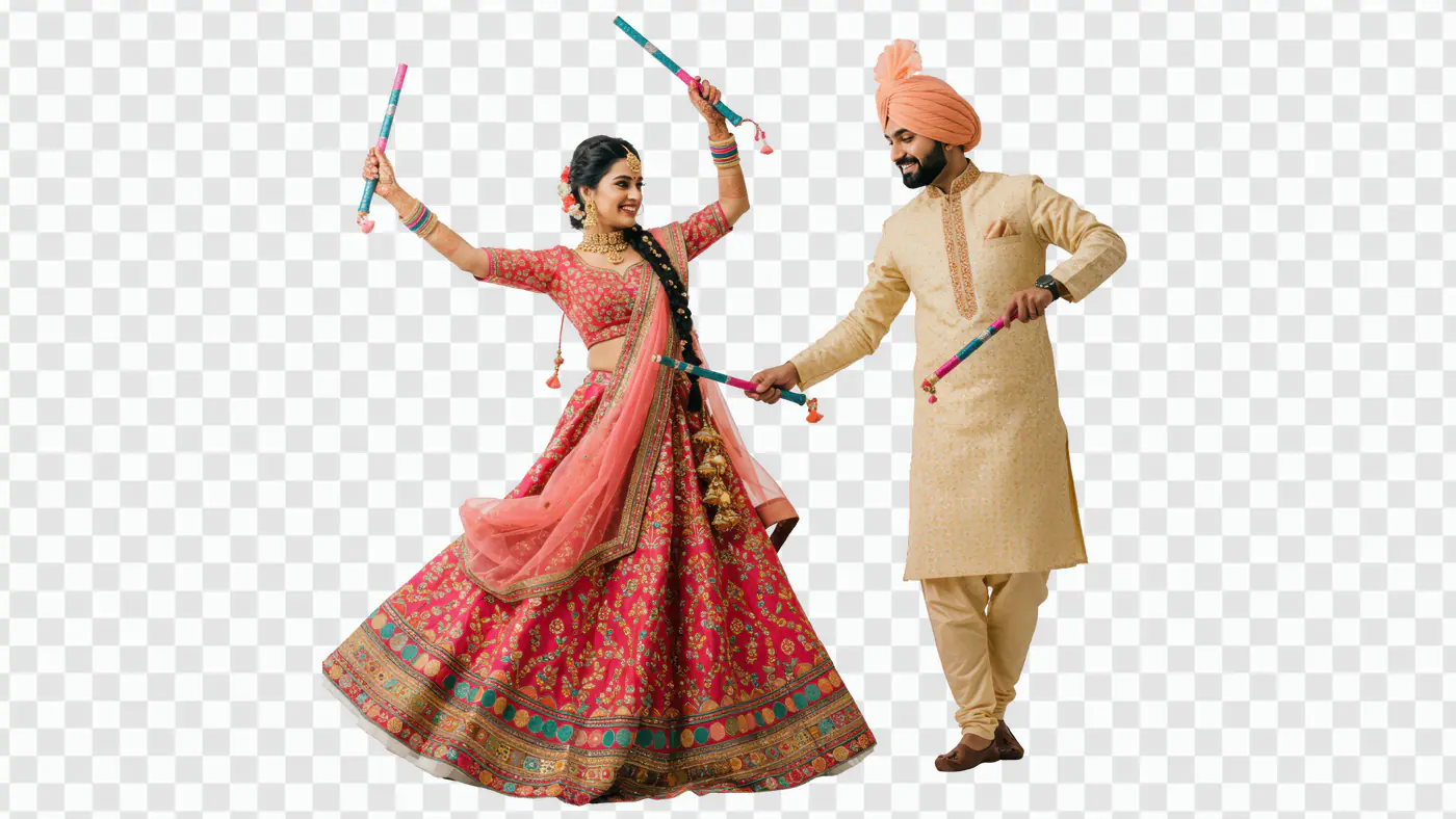 Indian Wedding Couple Dancing with Dandiya Sticks PNG